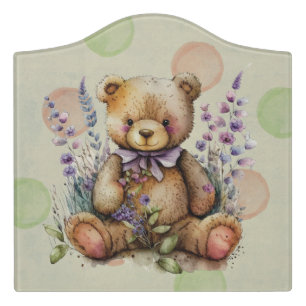 Brown Teddy Bear Lavender Flowers And Polkadots Door Sign