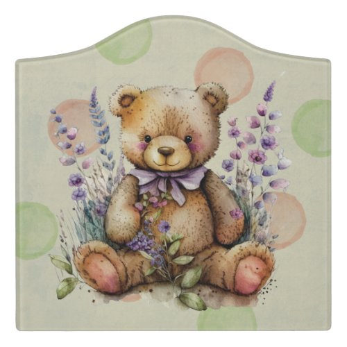 Brown Teddy Bear Lavender Flowers And Polkadots  Door Sign
