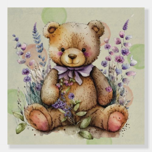 Brown Teddy Bear Lavender Flowers And Polkadots Foam Board