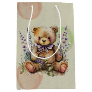 Brown Teddy Bear Lavender Flowers And Polkadots Medium Gift Bag