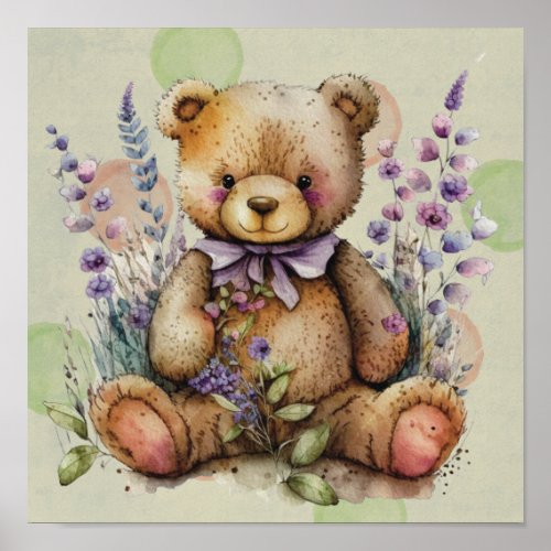Brown Teddy Bear Lavender Flowers And Polkadots  Poster