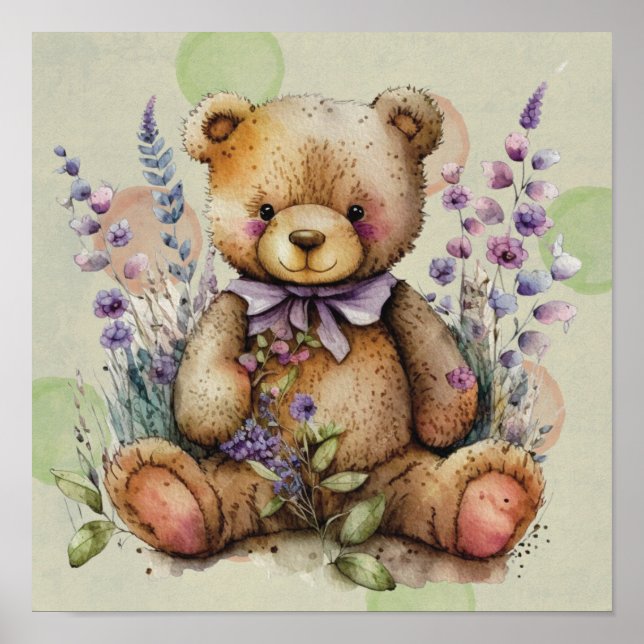 Brown Teddy Bear Lavender Flowers And Polkadots  Poster (Front)