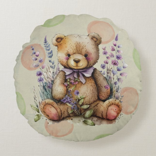 Brown Teddy Bear Lavender Flowers And Polkadots Round Pillow (Front)