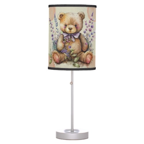 Brown Teddy Bear Lavender Flowers And Polkadots  Table Lamp