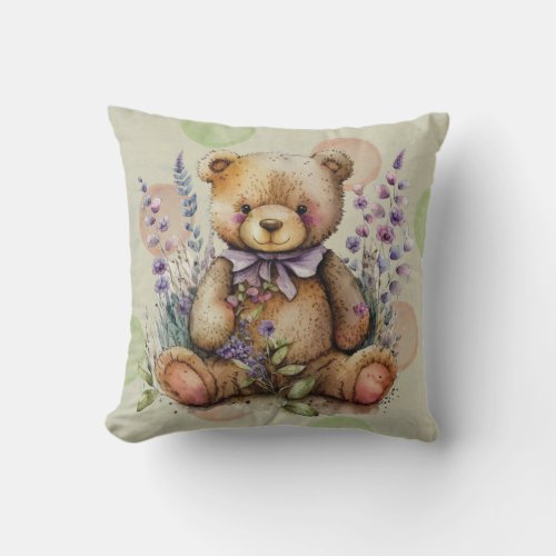 Brown Teddy Bear Lavender Flowers And Polkadots  Throw Pillow