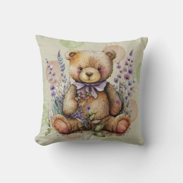 Brown Teddy Bear Lavender Flowers And Polkadots  Throw Pillow (Front)