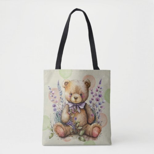 Brown Teddy Bear Lavender Flowers And Polkadots Tote Bag