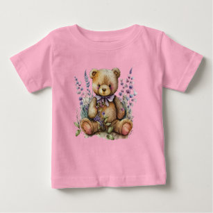 Brown Teddy Bear Lavender Flowers Baby T-Shirt
