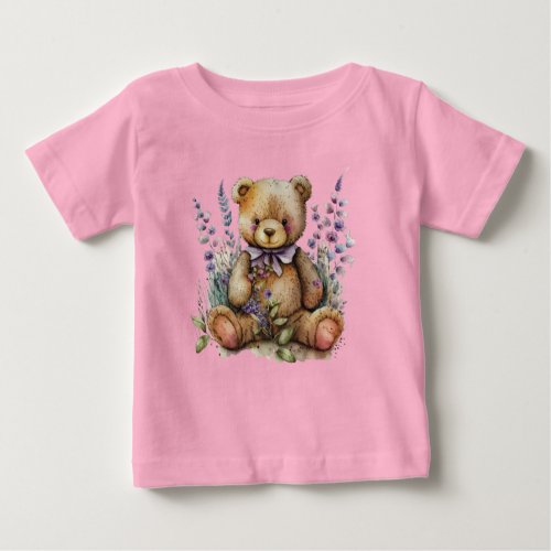 Brown Teddy Bear Lavender Flowers Baby T_Shirt