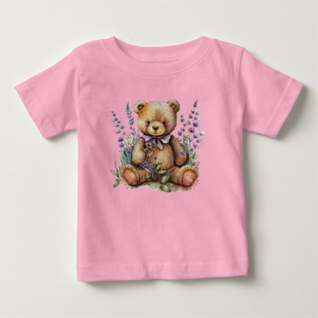 Brown Teddy Bear Lavender Flowers Baby T-Shirt (Front)