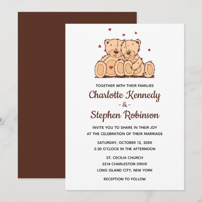 Brown Teddy Bear Love Wedding Cartoon Bears Invitation (Front/Back)