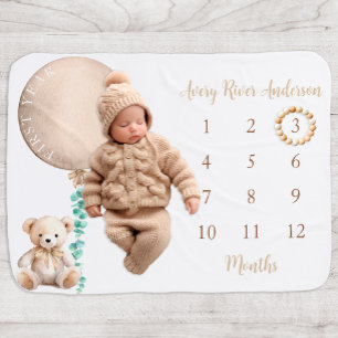 Brown Teddy Bear Milestone Baby Blanket