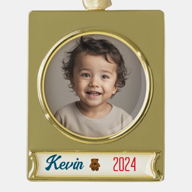 brown teddy bear - personalized gold plated banner ornament (Front)