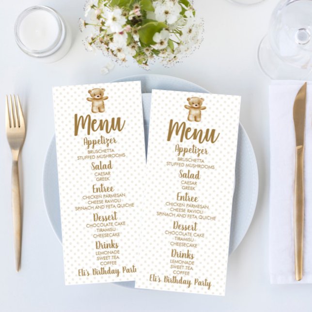Brown Teddy Bear Polka Dots Birthday Party Food Menu (Creator Uploaded)