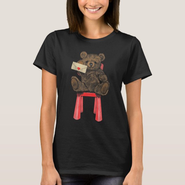 Brown Teddy Bear Sitting on Chair Writing Letter B T-Shirt (Front)
