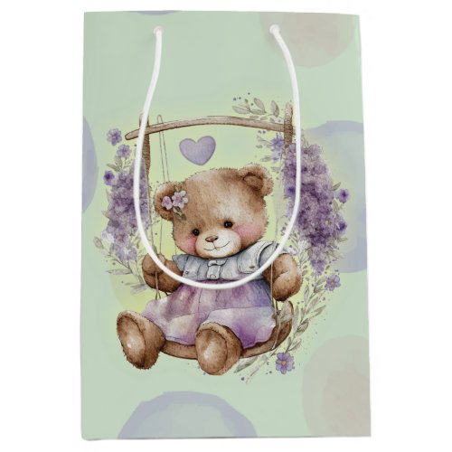 Brown Teddy Bear Swinging Lavender Dress And Polka Medium Gift Bag