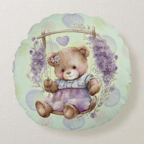 Brown Teddy Bear Swinging Lavender Dress And Polka Round Pillow