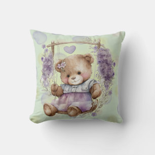Brown Teddy Bear Swinging Lavender Dress And Polka Throw Pillow