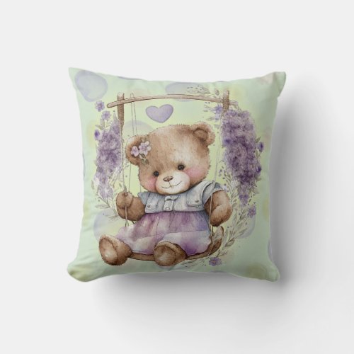 Brown Teddy Bear Swinging Lavender Dress And Polka Throw Pillow