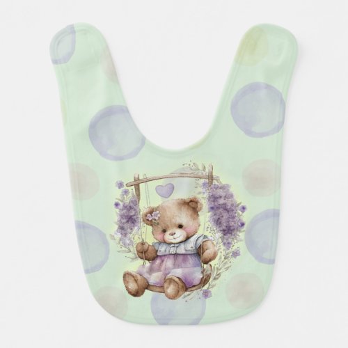 Brown Teddy Bear Swinging Lavender Dress Baby Bib