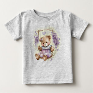 Brown Teddy Bear Swinging Lavender Dress Baby T-Shirt