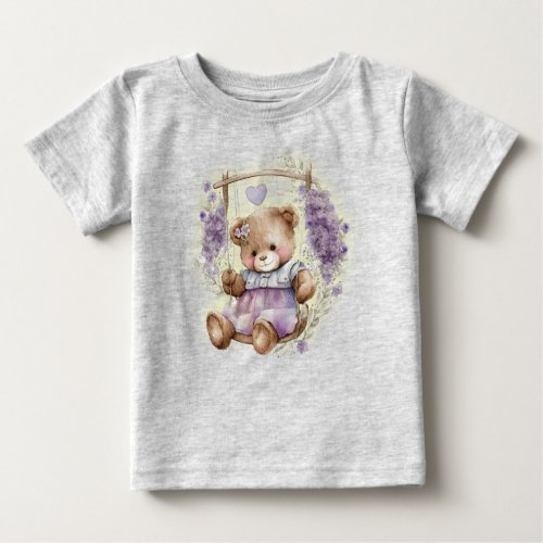 Brown Teddy Bear Swinging Lavender Dress Baby T_Shirt