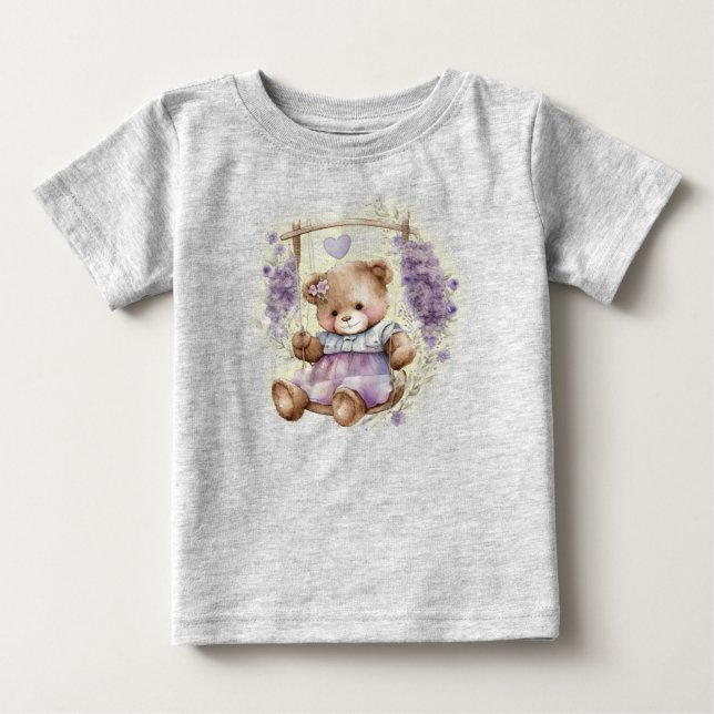 Brown Teddy Bear Swinging Lavender Dress Baby T-Shirt (Front)