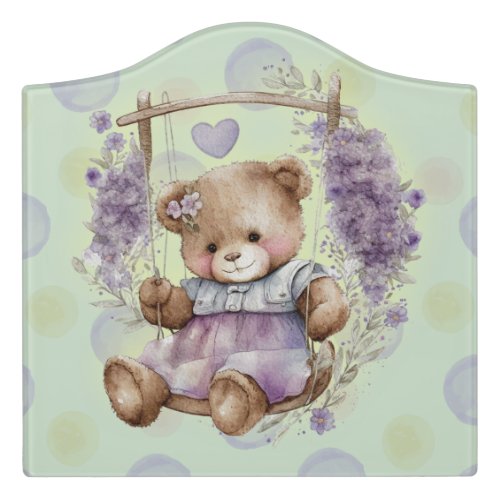 Brown Teddy Bear Swinging Lavender Dress  Door Sign