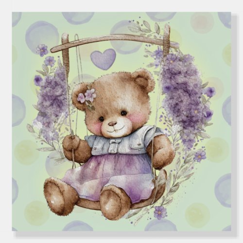 Brown Teddy Bear Swinging Lavender Dress Foam Board