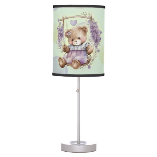 Brown Teddy Bear Swinging Lavender Dress Table Lamp