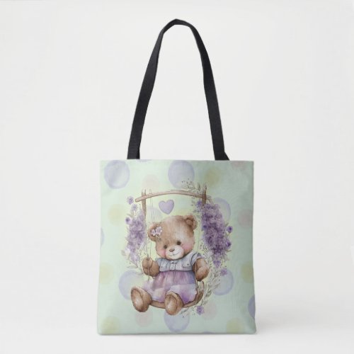 Brown Teddy Bear Swinging Lavender Dress Tote Bag