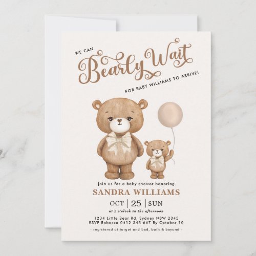 Brown Teddy Bear We Can Bearly Wait Baby Shower Invitation
