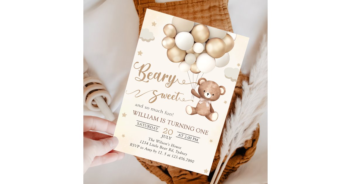 Brown Teddy Bear With Balloons Birthday Invitation | Zazzle