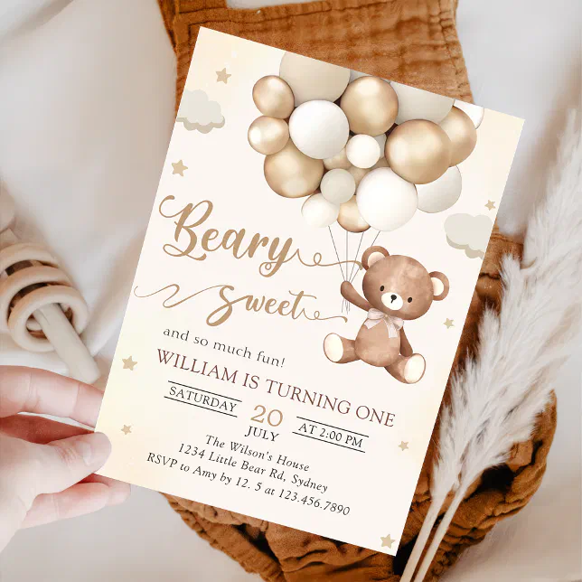 Brown Teddy Bear With Balloons Birthday Invitation | Zazzle