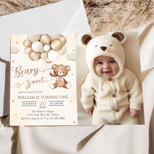 Brown Teddy Bear With Balloons Birthday Photo Invitation