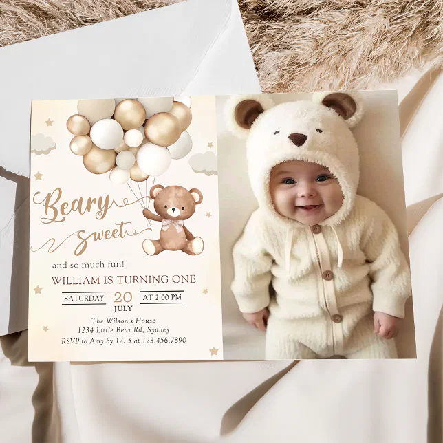 Brown Teddy Bear With Balloons Birthday Photo Invitation Zazzle