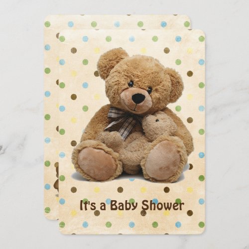 Brown Teddy Bears On Polka Dots Baby Shower Invitation