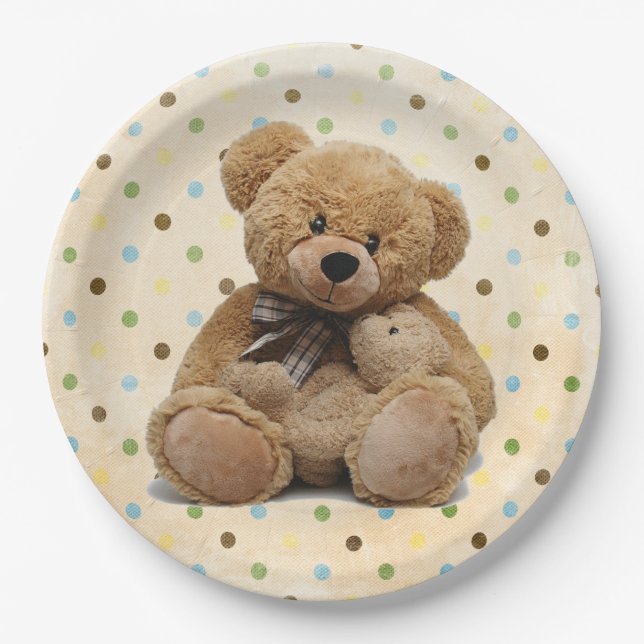 Brown Teddy Bears On Polka Dots Paper Plates (Front)