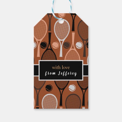 Brown Tennis Racket Ball Pattern  Kids Boys Name Gift Tags