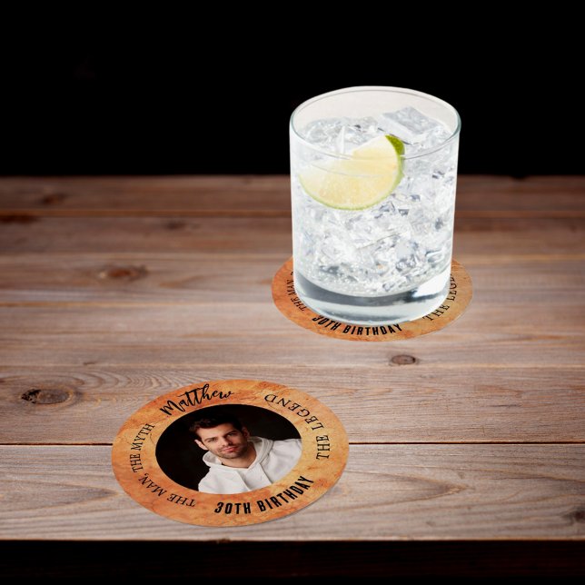 Brown terracotta photo man myth legend birthday round paper coaster (Creator Uploaded)