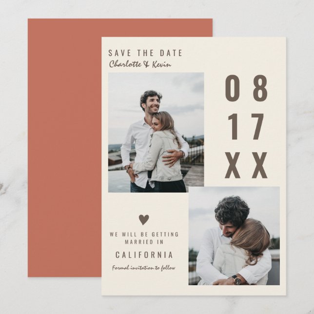 Brown terracotta save the date wedding 2 photos (Front/Back)