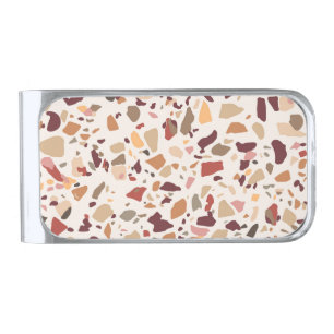 Brown terrazzo: vintage, trendy pattern. silver finish money clip