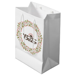 Brown Text Easter And Colorful Floral Wreath Medium Gift Bag