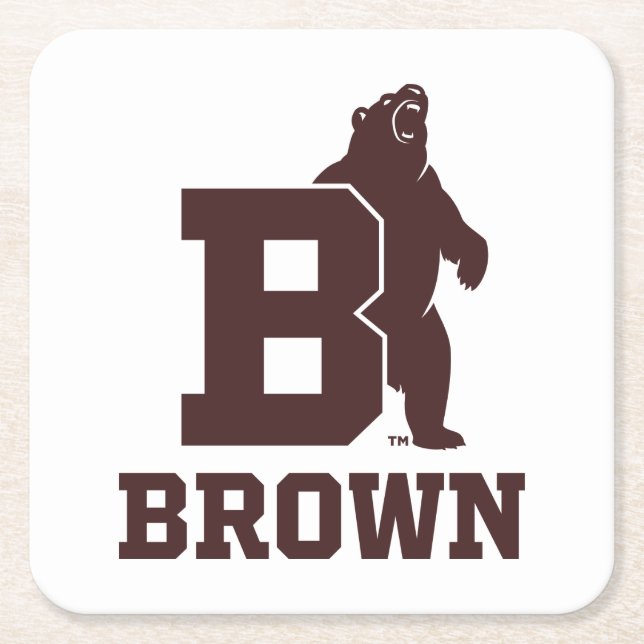 Brown Text Logo & Bear Square Paper Coaster (Front)