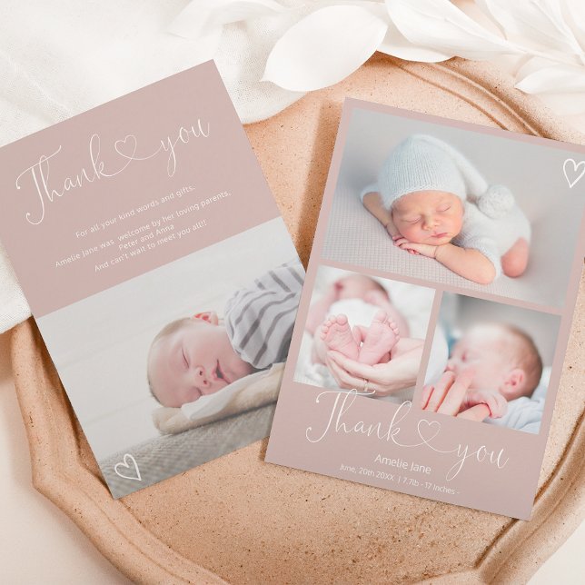 Brown thank you script heart 4 photos baby birth announcement (Creator Uploaded)