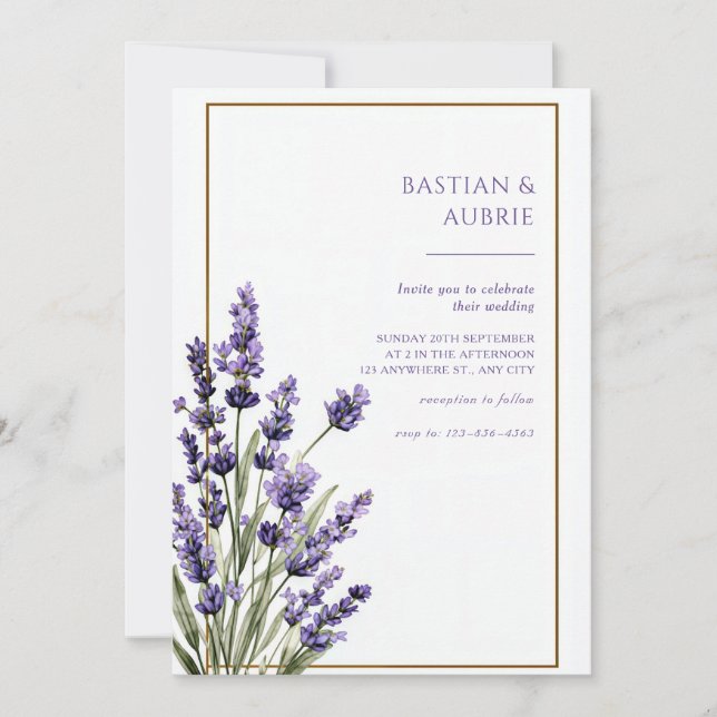 Brown Thin Frame Purple Lavender Sprig Wedding Invitation (Front)