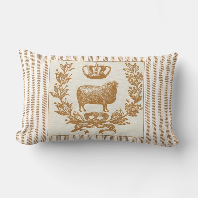 Brown Ticking Effect with Sheep and Crown Lumbar Pillow (Front)