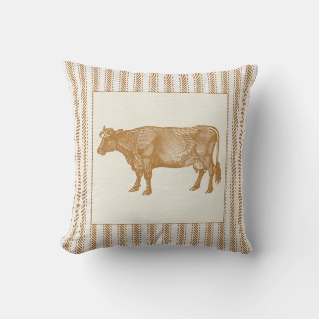 Brown Ticking Effect with Vintage Cow Throw Pillow (Front)