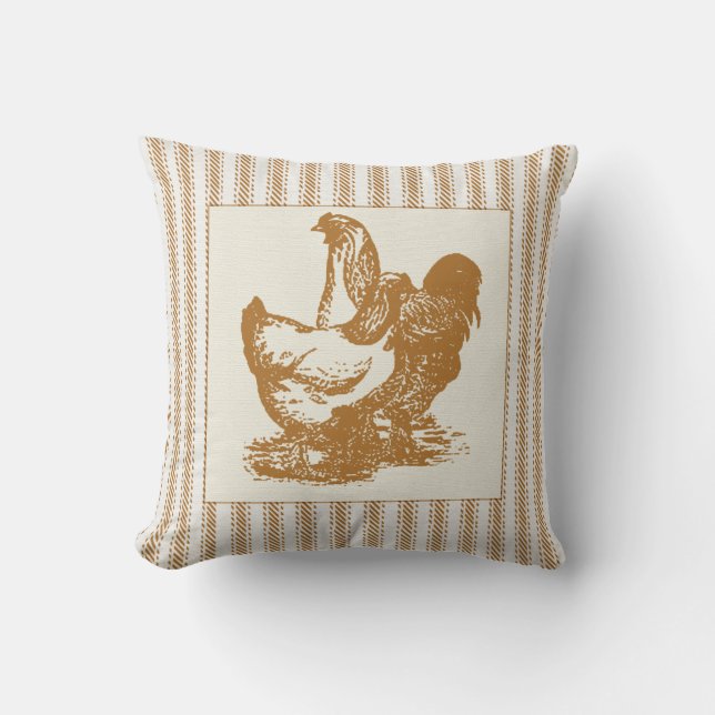 Brown Ticking with Rooster and Chicken Throw Pillow (Front)