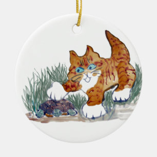 Brown Tiger Kitten and turtle Ceramic Ornament